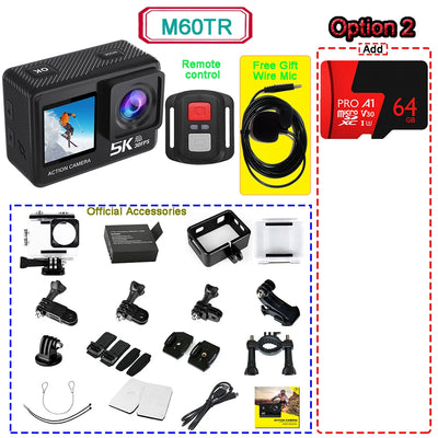 5K 4K60FPS Action Camera 50MP 2" Touch Dual Screen 5X Zoom Wi-Fi EIS 170° DVR Webcam Wireless Mic 30M Waterproof Sport Camera