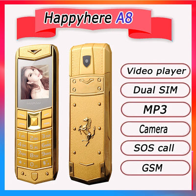 cheap china A8 Russian Arabic Spanish French Vibration Luxury Metal Body Car Logo Dual Sim Mobile Phone with Leather Case Gift