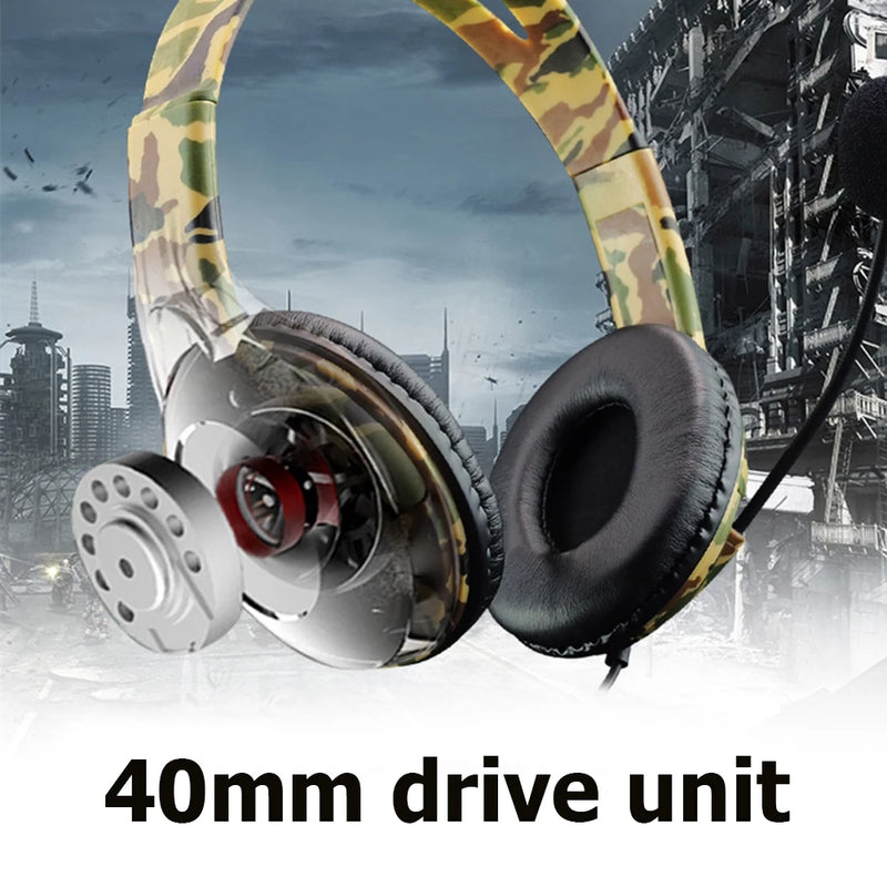 Wired Camouflage Gaming Headset with Mic Volume Control Over-Ear Headphone Subwoofer Game Earphones for PS4/Laptop/Computer