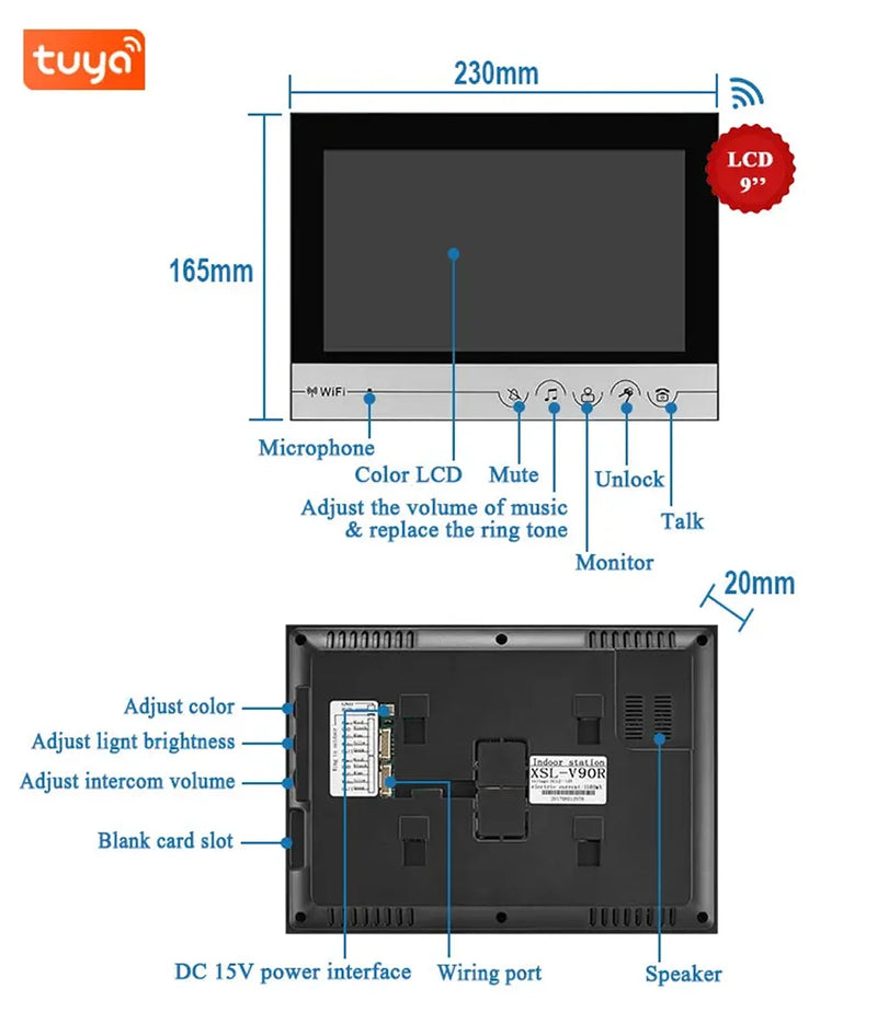 9 inch Tuya WIFI Video Door Phone Intercom System With RFIC Card Unlocking Access Control Function Wide Angle HD Camera