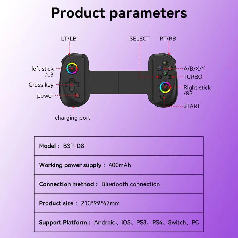 D8 Wireless Stretching Extendable Gaming Controller Joystick Pad Compatible For IPhone Android Phones Switch Gamepad