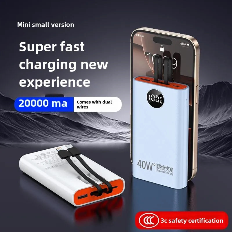 120W Super Fast Charging Mobile Power Bank, 20000mAh Power Bank with Built-in Cable, Suitable for Apple, Android, Huawei